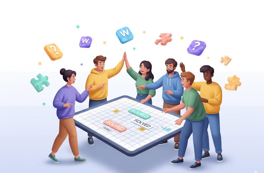 Diverse group of people collaborating on word puzzles
