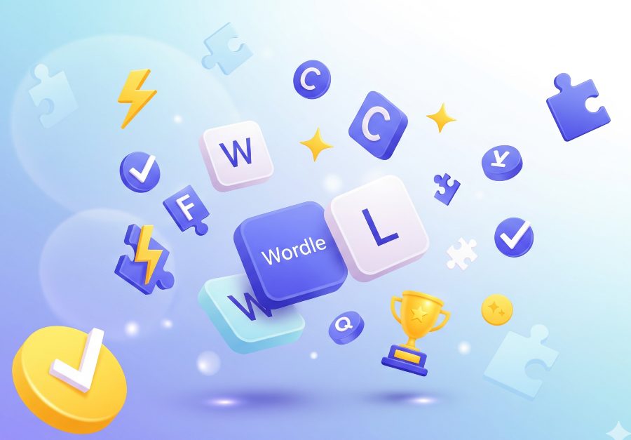 Word puzzle game elements with floating tiles and playful icons